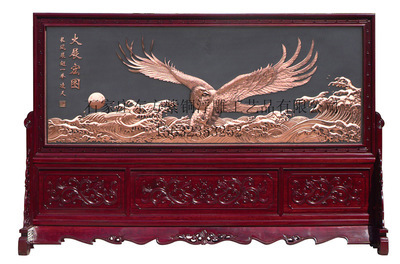 东方三奇帝紫铜浮雕红木落地镜屏——融汇奢华与风水的商务家居臻品